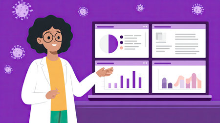 A vibrant illustration depicting a scientist enthusiastically presenting data on computer screens featuring colorful charts and graphs, with a Covid-19 theme in the background.の素材