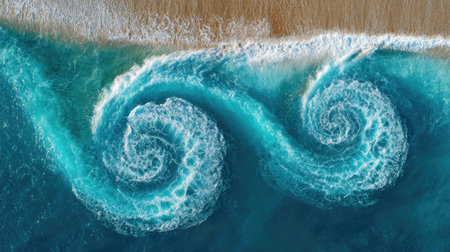 A stunning aerial view of swirling ocean waves creating intricate patterns as they meet the sandy beach, showcasing nature's beauty and tranquility.の素材