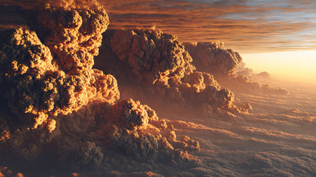 This stunning image showcases majestic clouds illuminated by the golden hues of sunset, creating a magical atmosphere. The dramatic textures and colors in the sky evoke a sense of serenity and beauty, perfect for nature enthusiasts.の素材