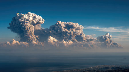 A stunning view of volcanic eruption clouds billowing into the sky at sunrise, showcasing the interplay of light and atmosphere over the ocean.の素材