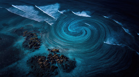 A mesmerizing view of swirling ocean waves creating a stunning pattern above vibrant coral reefs. This aerial image showcases the beauty of natureの素材