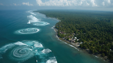 Stunning aerial image showcasing swirling water patterns in the ocean beside a lush green coastline, capturing the beauty of nature and serenity.の素材