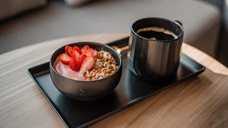 A beautifully arranged breakfast featuring creamy yogurt topped with fresh strawberries and crunchy granola, paired with a steaming cup of coffee on a sleek wooden tray.の素材