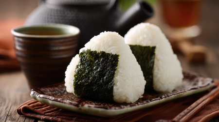 Enjoy the presentation of traditional Japanese rice balls, neatly wrapped in seaweed, served with a warm beverage on a rustic wooden table.の素材