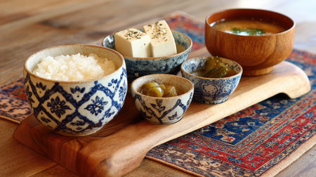 A beautifully arranged traditional Japanese meal featuring fluffy rice, soft tofu, tangy pickles, and nourishing miso soup, displayed on a wooden board.の素材