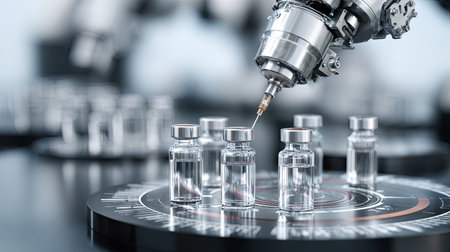 A robotic arm skillfully fills glass vials with liquid in a high-tech laboratory, highlighting advancements in pharmaceutical manufacturing and automation.の素材
