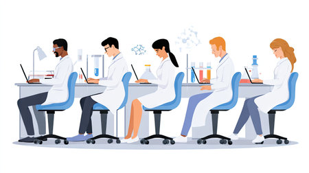 A diverse group of scientists works collaboratively in a modern laboratory, engaged in data analysis using laptops and surrounded by scientific equipment.の素材