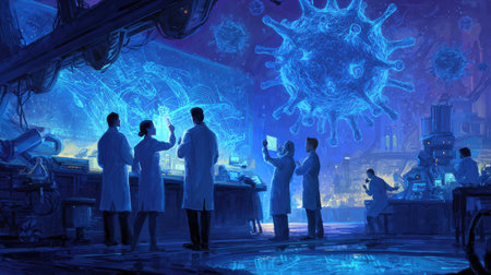 A group of scientists in lab coats examines advanced data on digital displays, working collaboratively on virus research in a futuristic laboratory setup.の素材