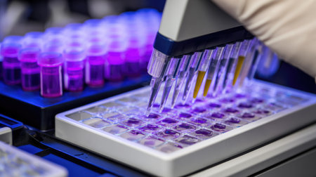 Detailed view of a laboratory experiment showing a pipette transferring liquid samples into a microplate for precise scientific research and analysis.の素材