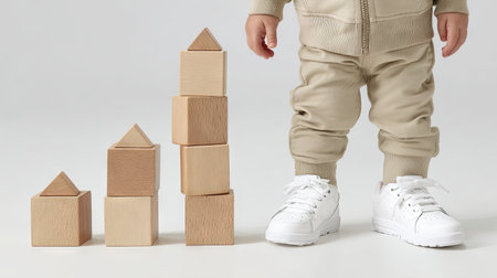 A young child stands next to a set of wooden blocks, engaged in building a tower. The cozy, inviting atmosphere emphasizes creativity and early development through play.の素材