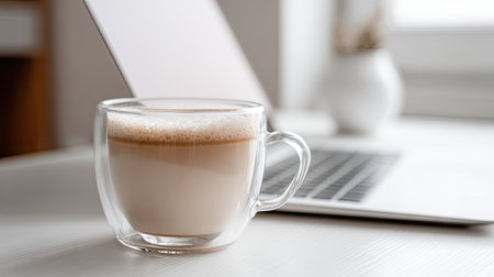 A warm cup of coffee rests in a glass mug on a table beside a modern laptop. The cozy workspace setting features soft lighting, creating an inviting atmosphere.の素材