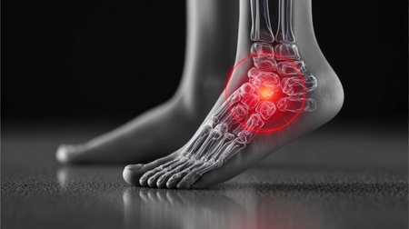 This visual representation features a detailed x-ray image of the human ankle, highlighting the bones and joint structure, with a focus on the pain area. Ideal for medical research and educational purposes.の素材