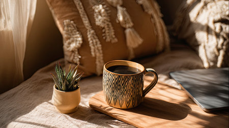 A serene scene featuring a warm mug of coffee on a wooden tray next to a small plant and decorative cushions, all bathed in soft natural light.の素材