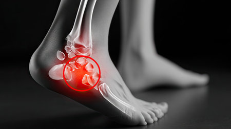 This striking anatomical image showcases a human ankle joint with an emphasis on a pain area depicted in red, illustrating joint anatomy in detail.の素材