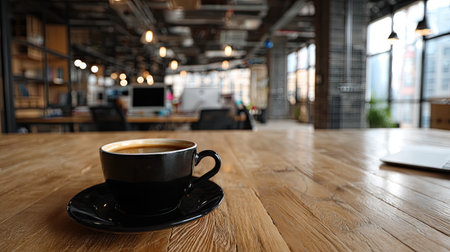 A sleek black coffee cup sits on a wooden table in a modern office setting, capturing the essence of productivity and comfort. The urban backdrop adds vibrancy.の素材