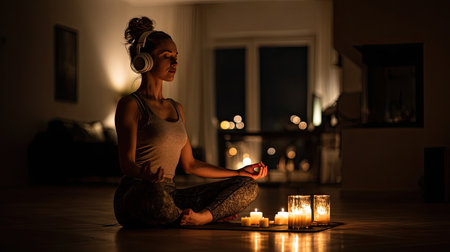 A serene scene featuring a woman meditating in a dimly lit room, surrounded by flickering candles and soft ambient lights, evoking peace and mindfulness.の素材