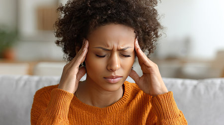 A young woman with curly hair sits on a cozy couch, holding her head in discomfort, illustrating the effects of stress and mental strain in a serene indoor environment.の素材