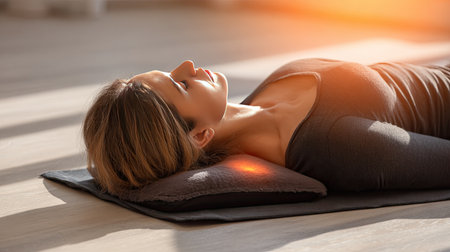A serene scene showcasing a young woman enjoying a moment of relaxation on a yoga mat, resting her head on a soft pillow. Bright sunlight fills the room, enhancing the peaceful ambiance and promoting a sense of well-being and mindfulness.の素材
