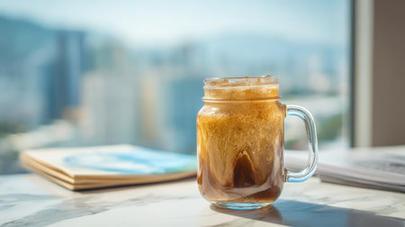 A beautifully captured glass jar of iced coffee with ice cubes sits on a marble table, featuring a vibrant cityscape view, creating a perfect cozy ambiance.の素材