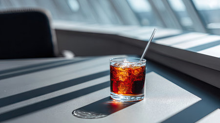 A cold drink in a glass filled with ice cubes and a straw, illuminated by sunlight creating dynamic shadows on a modern table surface.の素材