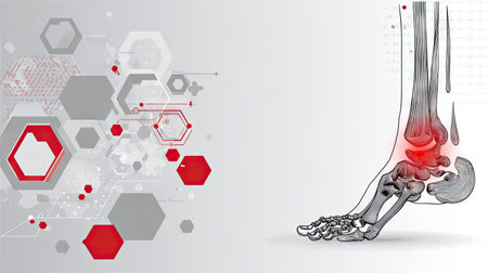 This image features a detailed illustration of a human ankle highlighting pain areas in red. The modern background displays geometric designs, enhancing the medical theme.の素材