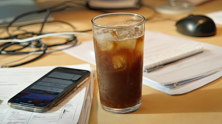 A refreshing glass of cold beverage filled with ice sits on a wooden office desk, surrounded by work documents and a smartphone, emphasizing a busy workspace.の素材