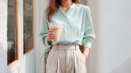 A stylish young woman enjoys her coffee, dressed in a light mint blouse and beige trousers, showcasing a modern and relaxed urban lifestyle.の素材