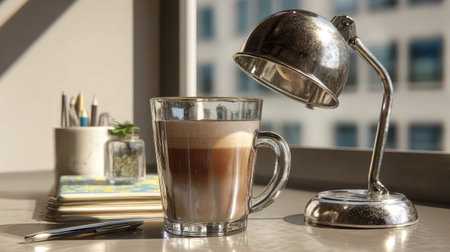A captivating image of a coffee beverage sitting on a stylish desk, illuminated by a sleek table lamp, creating a cozy and inviting workspace atmosphere.の素材