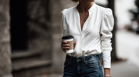 A stylish woman holds a coffee cup while walking down a city street. She wears an elegant white shirt and classic jeans, showcasing urban fashion trends and casual beauty.の素材