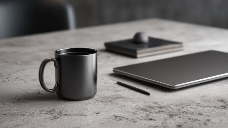 A stylish black coffee mug sits next to a sleek laptop and an elegant notebook on a minimalist gray desk, promoting a tranquil workspace atmosphere.の素材