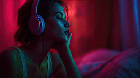 A woman enjoys music in a cozy room, surrounded by soft lighting and colorful hues. Her serene expression captures the essence of relaxation and calm.の素材