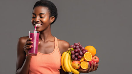 A joyful woman holds a colorful array of fresh fruits in one hand while sipping a smoothie in the other, embodying a vibrant and healthy lifestyle.の素材