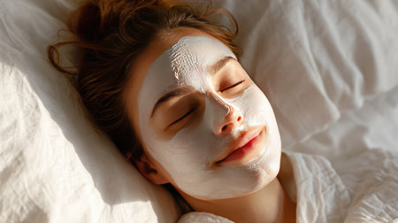 A serene young woman enjoys a skincare treatment with a white facial mask while relaxing in bed. Soft morning light enhances the peaceful atmosphere.の素材