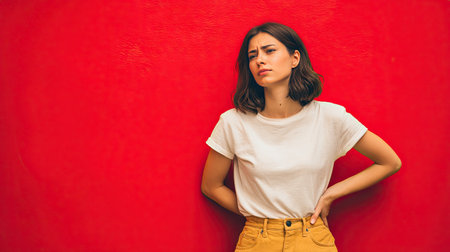 A young woman stands against a bold red wall, exuding a mix of emotions while dressed in casual attire. The vibrant background enhances her expression and style.の素材
