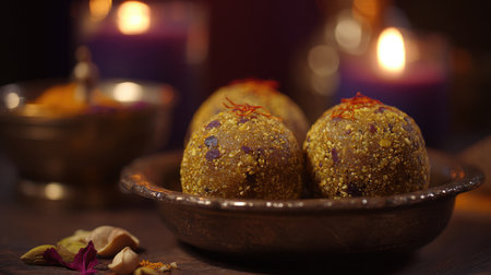 A beautifully arranged decorative plate featuring traditional Indian sweets, surrounded by flickering candles, creating a warm and inviting atmosphere perfect for celebrations.の素材