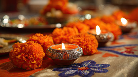 A stunning arrangement of glowing diyas and vibrant marigold flowers creates a beautiful atmosphere for a festive or cultural event, celebrating tradition and joy.の素材
