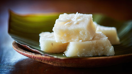 A tempting display of coconut sweet treats served on a natural leaf plate, showcasing a creamy texture and inviting appearance. Perfect for dessert lovers.の素材