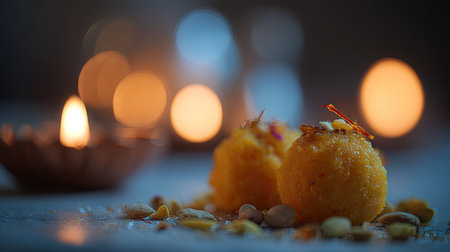 Indulge in these delightful round sweets topped with nuts and saffron, beautifully presented with warm candlelight in the background. Perfect for celebrations.の素材
