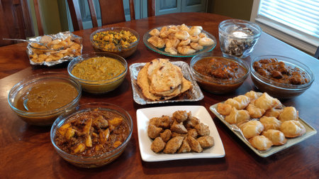 This captivating image displays a variety of traditional dishes arranged beautifully on a wooden table, showcasing diverse flavors and textures, perfect for gatherings.の素材