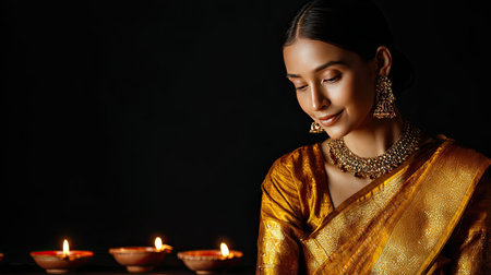 A serene portrait of an elegant woman dressed in a beautiful golden saree, showcasing exquisite jewelry, surrounded by warm, glowing oil lamps during a festive celebration.の素材