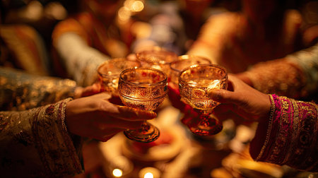 In this warm and inviting scene, friends and family raise elegantly designed glasses to celebrate a joyful moment together, surrounded by candlelight.の素材