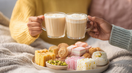 Enjoy a cozy afternoon tea setting with two mugs of warm beverage clinking together, surrounded by an array of colorful sweets and pastries.の素材