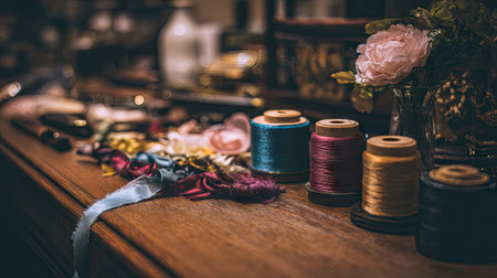 A captivating arrangement of colorful threads, delicate ribbons, and floral accents on a wooden table evokes creativity and inspiration in crafting.の素材
