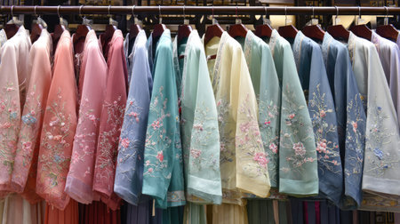 A vibrant collection of intricately embroidered traditional garments hangs elegantly in a fashion boutique, showcasing colorful textiles and exquisite design details.の素材