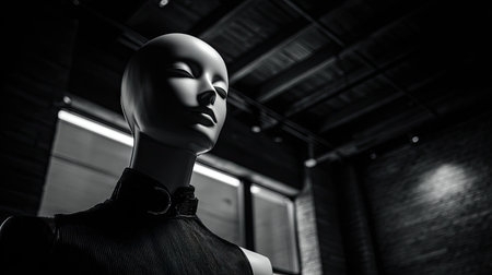 A captivating view of a mannequin showcasing modern fashion, highlighted by soft natural lighting in an urban clothing store environment.の素材