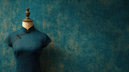 Captivating image of a traditional blue dress on a mannequin, set against a rich textured teal background, perfect for fashion and culture presentations.の素材