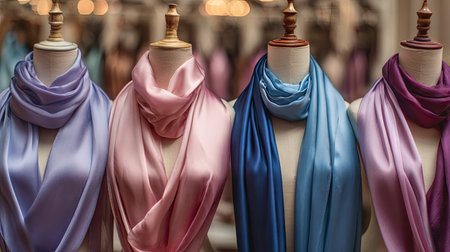 This stock photo features a stunning arrangement of silk scarves in a variety of vibrant colors, elegantly displayed on mannequins. Each scarf showcases soft textures, perfect for adding an artistic touch to any outfit. Ideal for fashion-related projects or promotional materials.の素材