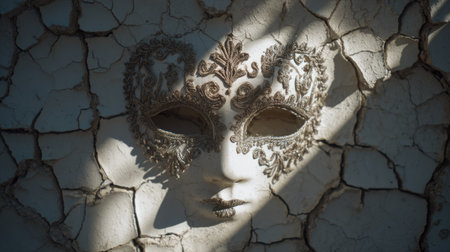 This striking image features an elegant Venetian mask adorned with intricate designs set against a cracked wall, evoking a sense of mystery and beauty.の素材