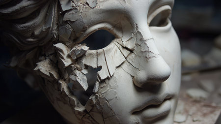 Detailed close-up of a damaged sculpture with cracked surface and artistic textures, highlighting the beauty of imperfection in antique art forms.の素材