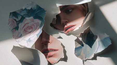 This artistic image captures a torn paper effect, revealing delicate faces intertwined with floral designs. Soft lighting enhances the emotional tone.の素材
